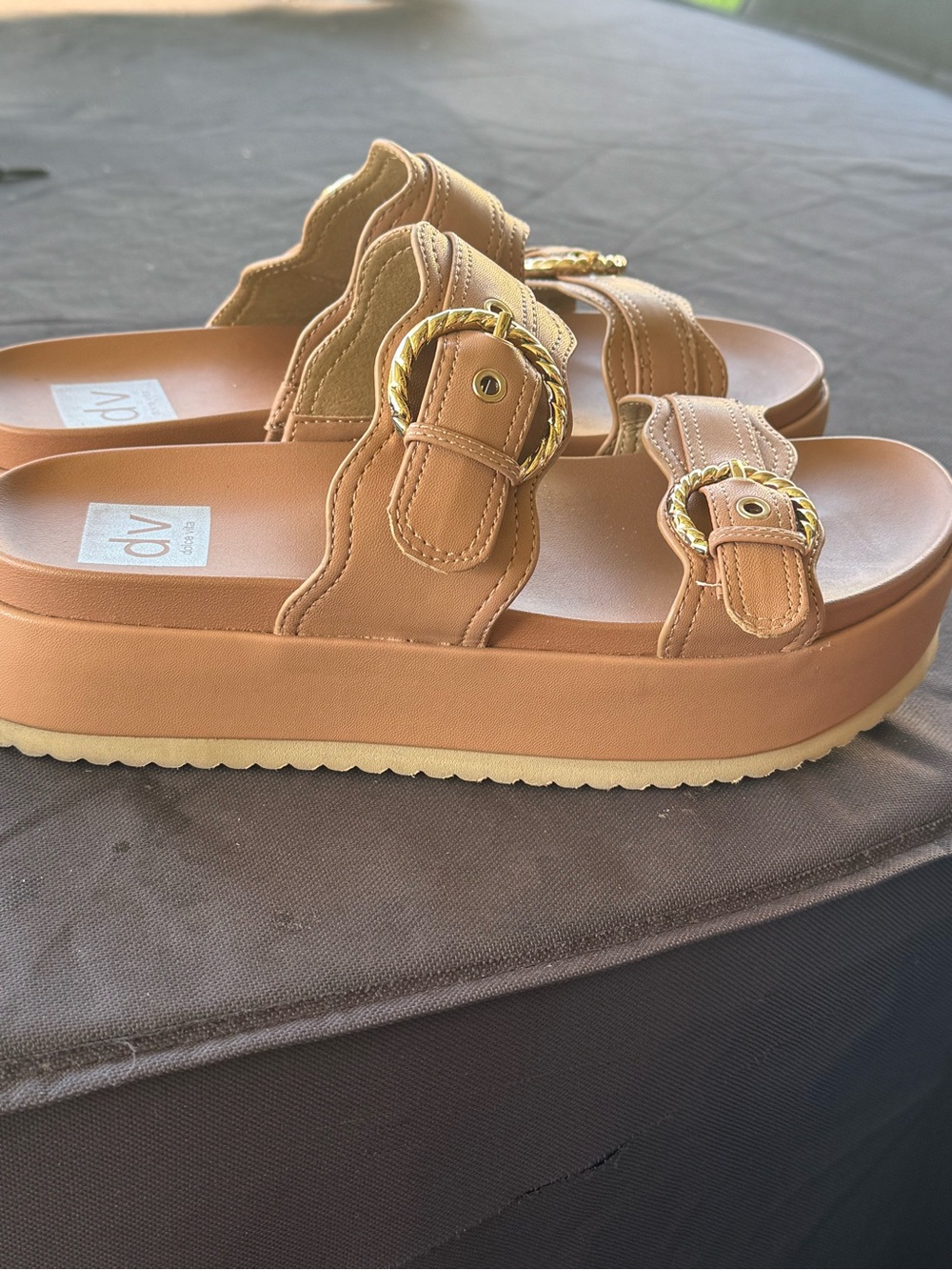 DV by Dolce Vita Tan Platform Slide Sandals with Gold Buckles